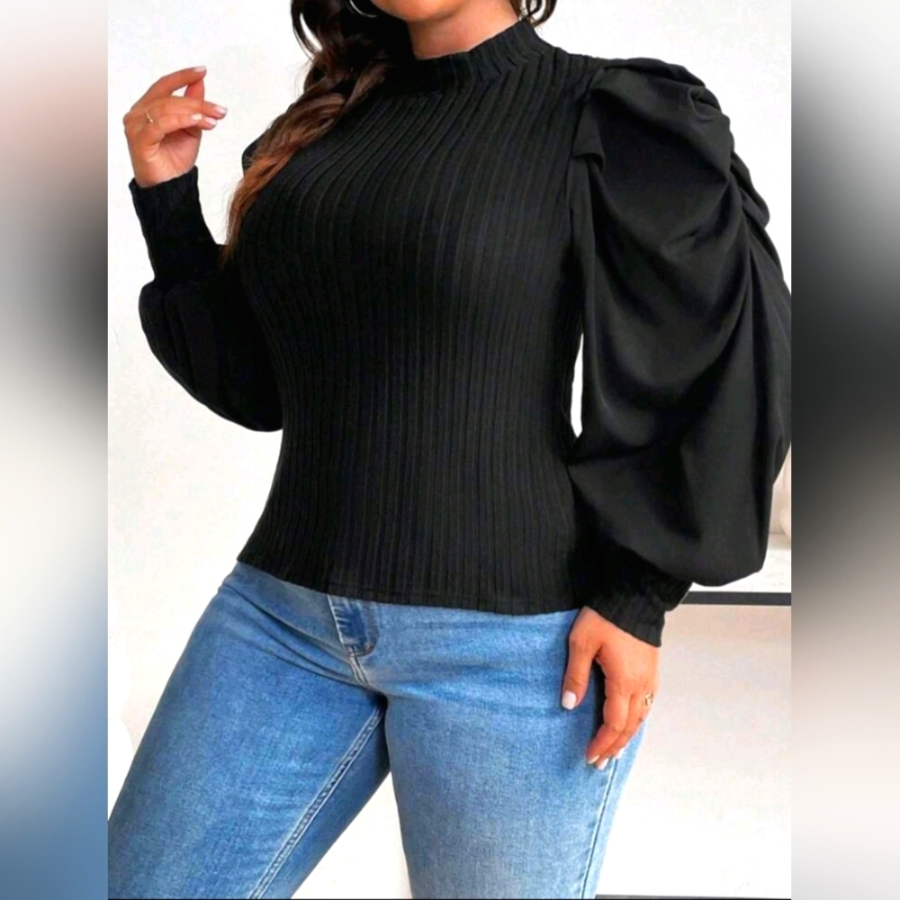 Kosmios Black Long Puff Sleeve Half High Collar Top- Size L